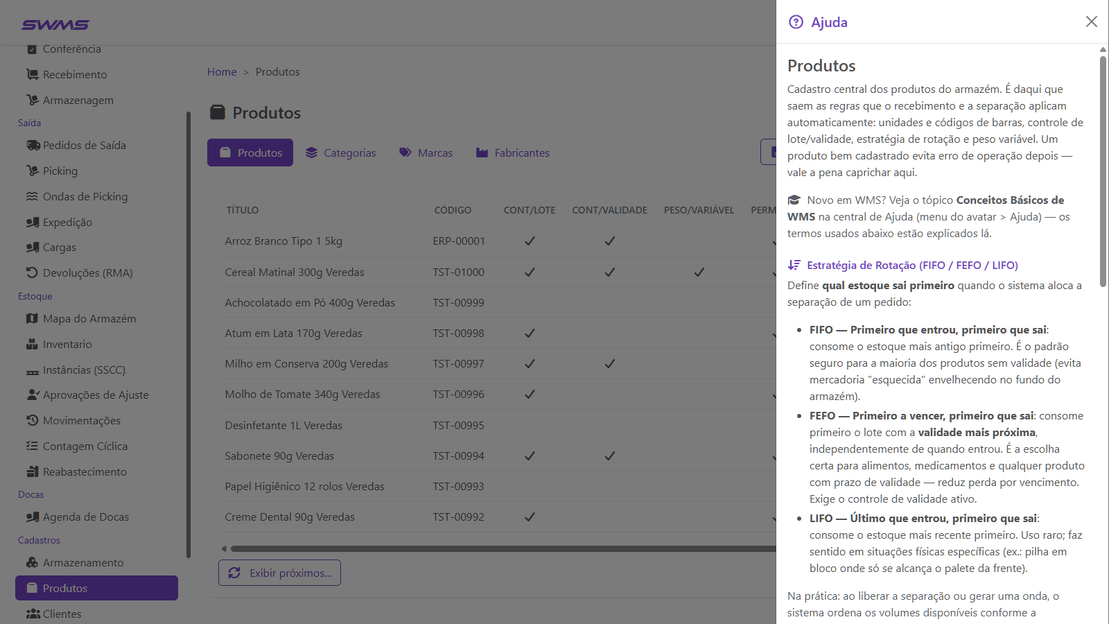 Painel de ajuda contextual do SWMS