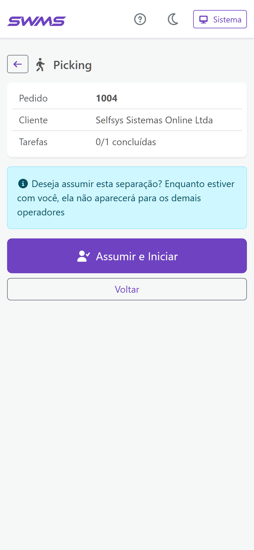 Assumir tarefa de picking no coletor SWMS