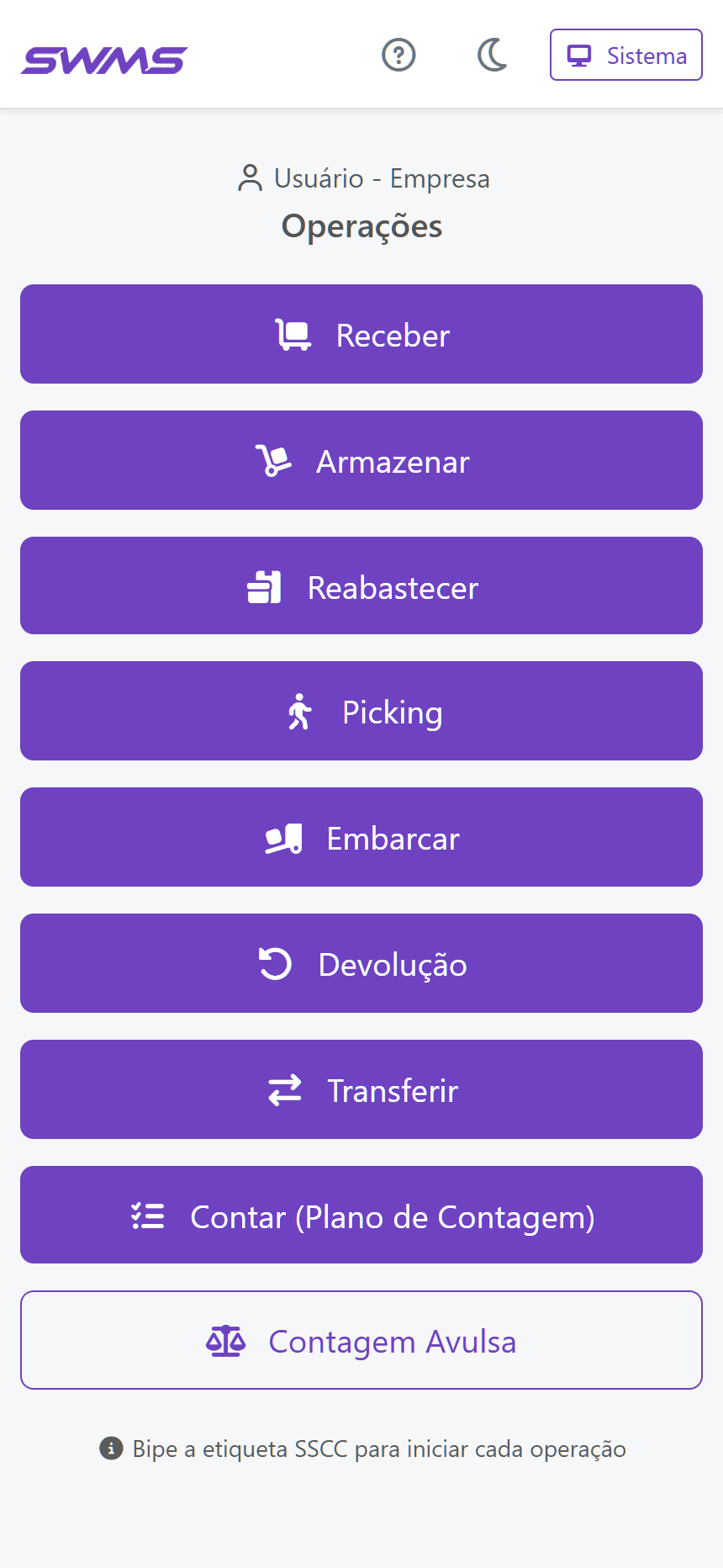 Menu de operações do coletor SWMS