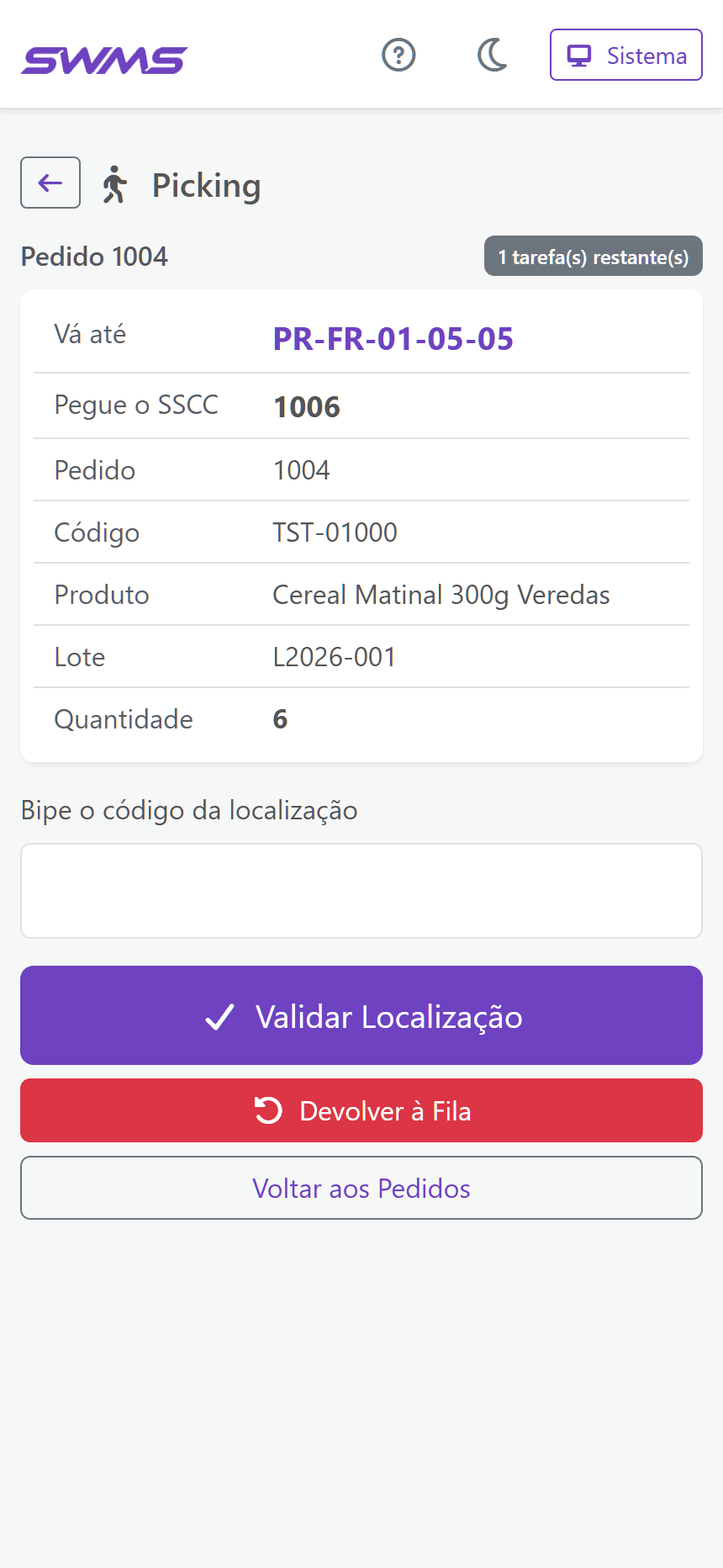 Picking em andamento no coletor SWMS