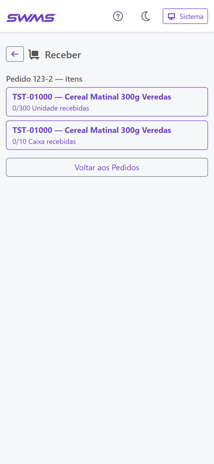 Itens do pedido no Receber do coletor SWMS