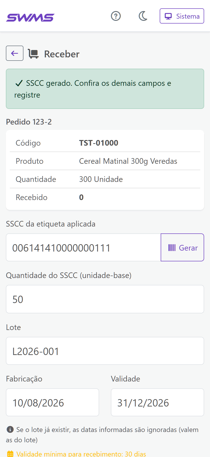 Recebimento de item no coletor SWMS