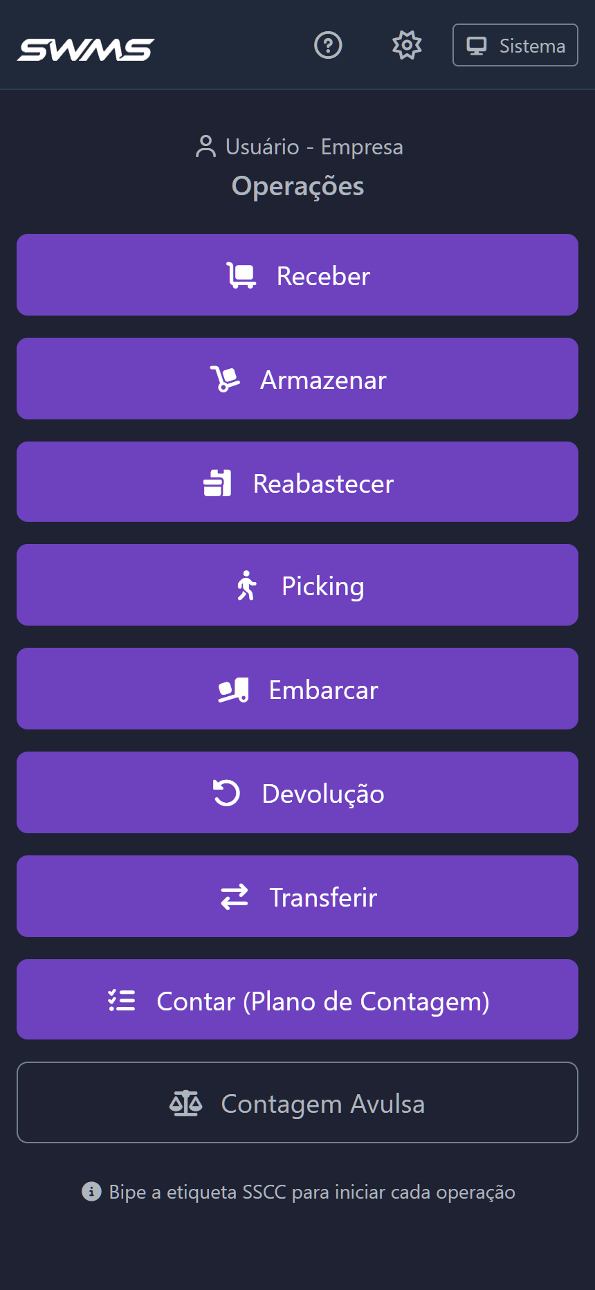 Coletor SWMS em tema escuro