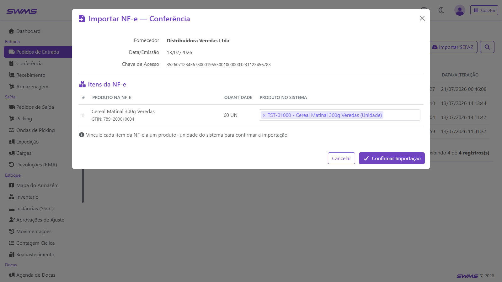 Conferência da importação de NF-e no SWMS