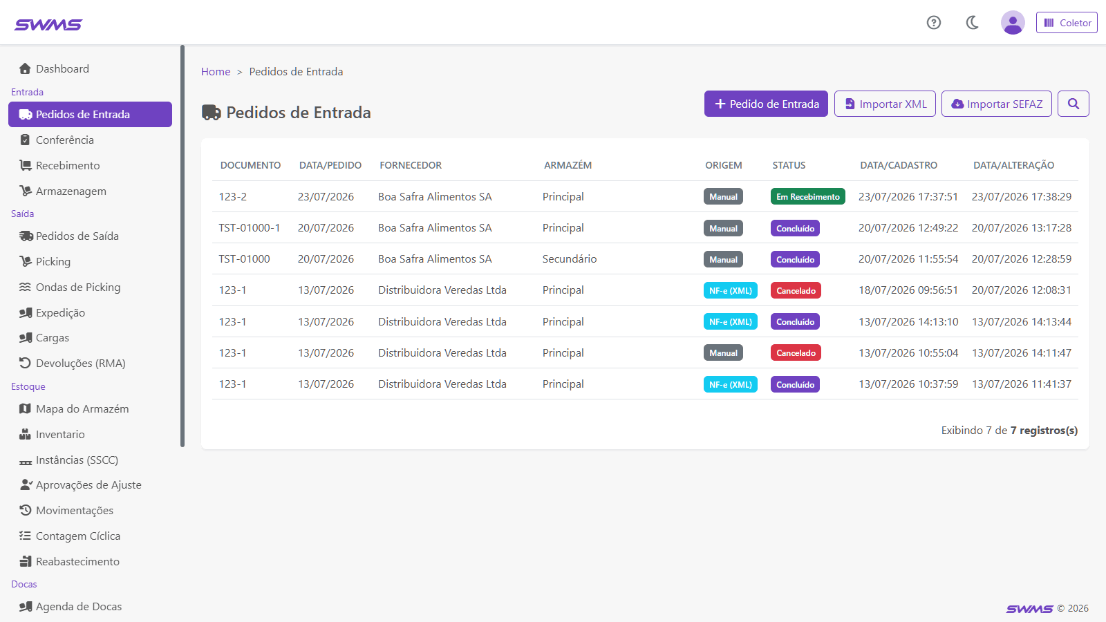 Pedidos de Entrada do SWMS