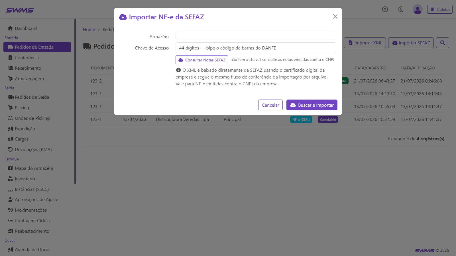 Importação de NF-e direto da SEFAZ no SWMS